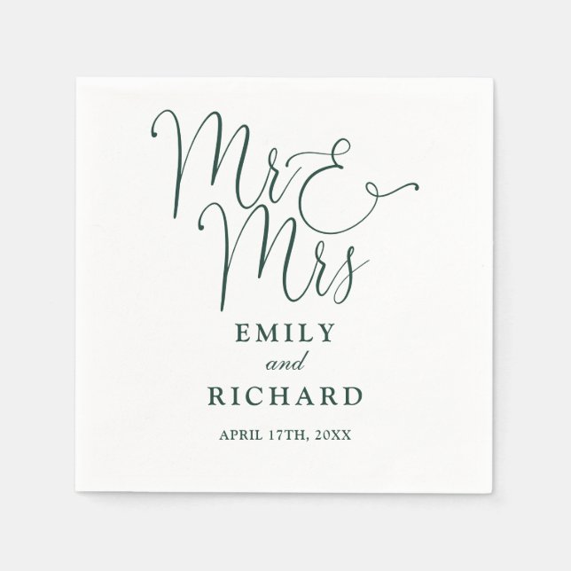 Mr och Mrs Script Elegant Smaragdgrön Bröllop Pappersservett (Framsidan)