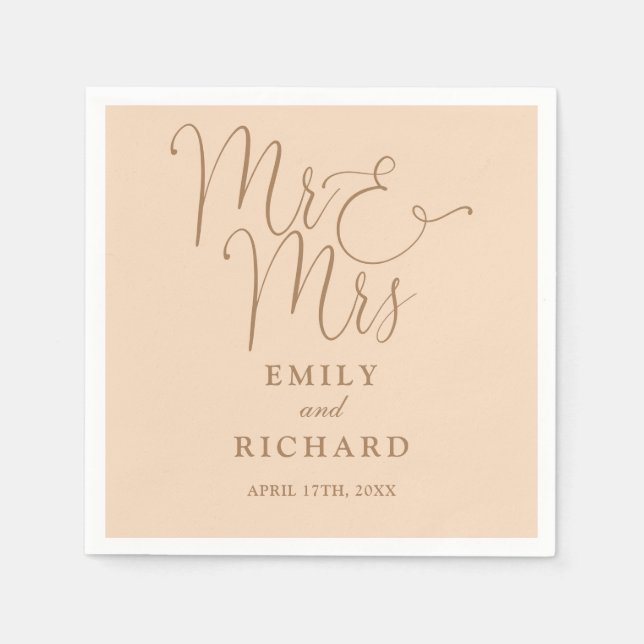 Mr och Mrs Script Elegant Soft Peach Bröllop Pappersservett (Framsidan)