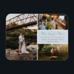 Mr och Mrs Tack Photo Collage Blue och Guld Magnet<br><div class="desc">Blå och guld-manuset "Mr and Mrs" designen bröllop tackar dig magneter med tre av dina favoritfoton från bröllop. Visa din familj och dina vänner din uppskattning för att du är en del av din bröllop firande med en av dessa vackra keepsakes. Anpassa med ditt kort-meddelande och namn. Kontakta mig genom...</div>