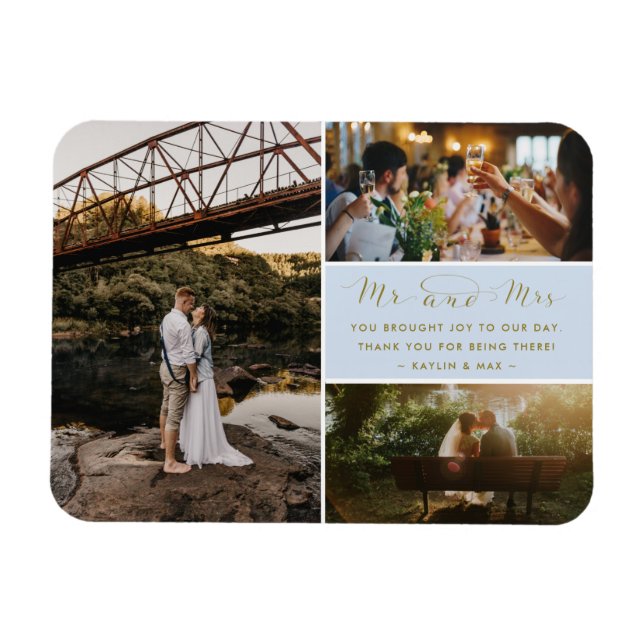 Mr och Mrs Tack Photo Collage Blue och Guld Magnet (Horisontell)