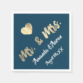 Mr och Mrs White Heart Blue Champaigne Guld Pappersservett