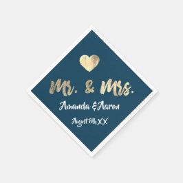 Mr och Mrs White Heart Blue Champaigne Guld Pappersservett