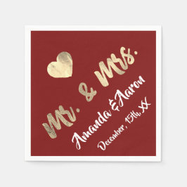 Mr och Mrs White Heart Maroon Champaigne Guld Pappersservett