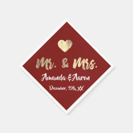 Mr och Mrs White Heart Maroon Champaigne Guld Pappersservett
