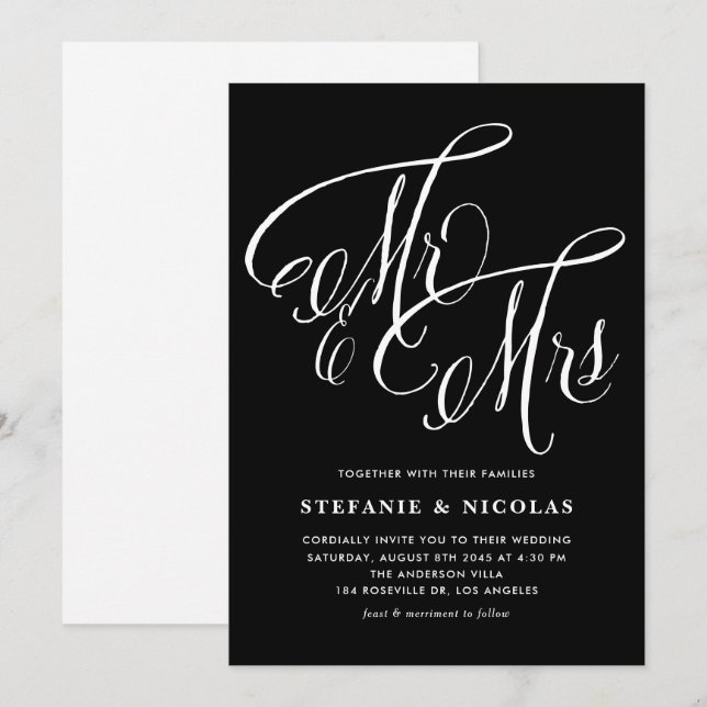 Mr och Rustic Calligraphy Black Bröllop Inbjudningar (Fram/baksida)