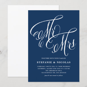 Mr och Rustic Calligraphy Navy Blue Bröllop Inbjudningar