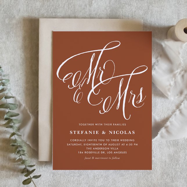 Mr och Rustic Calligraphy Terracotta Bröllop Inbjudningar (Mr and Mrs Rustic Calligraphy Terracotta Wedding Invitation)