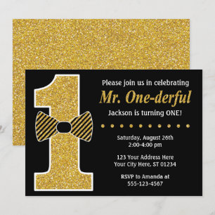 Mr ONE00 Birthday bjudande ・ Black and Guld Inbjudningar