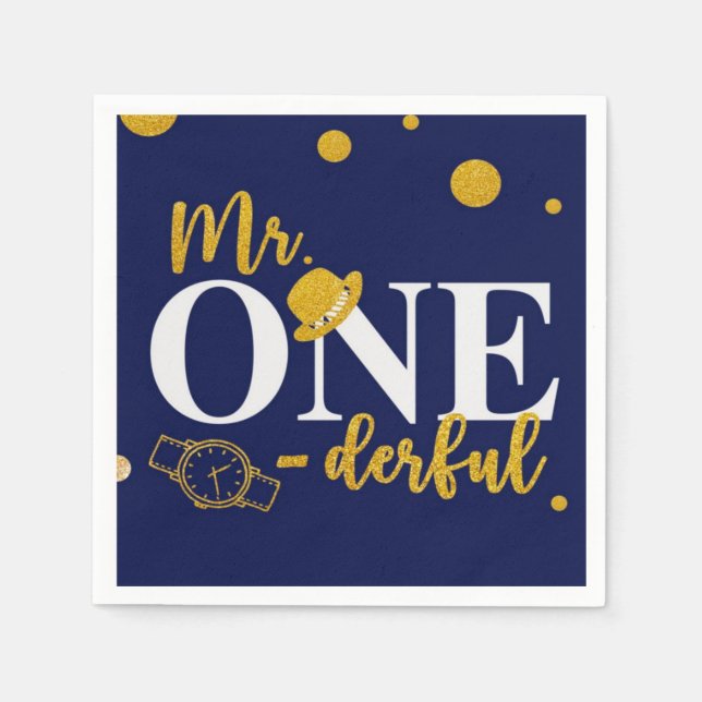 Mr. One-derful Navy Blue and Gold Birthday Party Pappersservett (Framsidan)