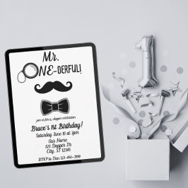 Mr ONE-underbar mustache och bowtie 1st-födelsedag Inbjudningar