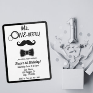Mr ONE-underbar mustache och bowtie 1st-födelsedag Inbjudningar