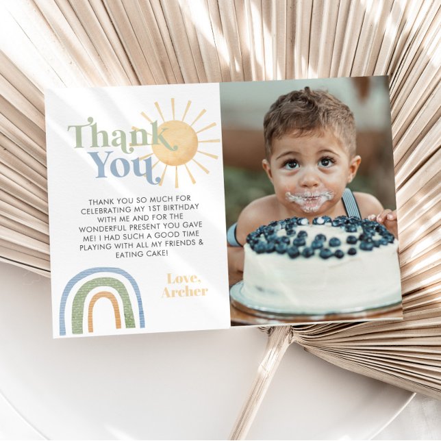 Mr Onederful 1-årsdag Regnbåge Foto Tack Kort (Mr Onederful 1st birthday Party Thank You Card with Photo. No photo option as well. )