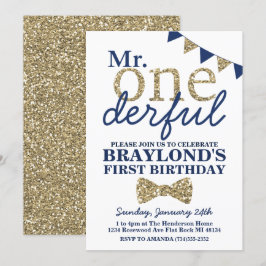 Mr Onederful Blå och Guld Första Födelsedagsinbjud Inbjudningar