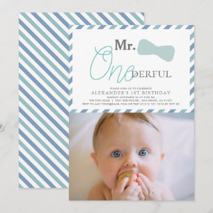 Mr ONEderful Boy Blue Photo 1st Birthday Inbjudningar