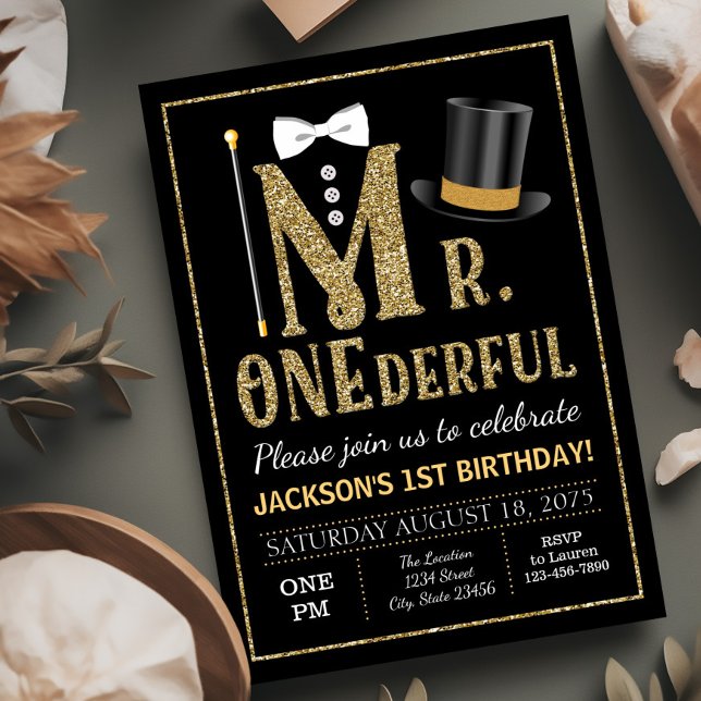Mr ONEderful Födelsedagsfest inbjudan (Boy first birthday invitation. Mr. Onederful birthday party invitation with cute top hat, vest, tie.)