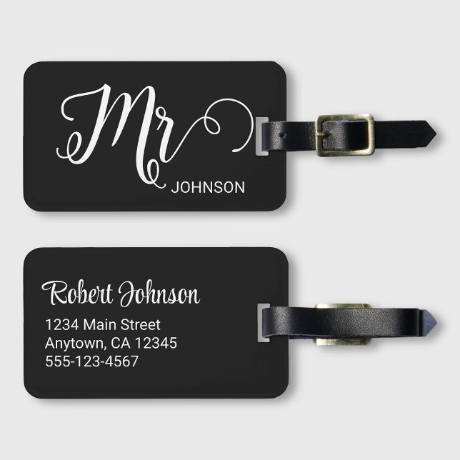 Mr Personalized Elegant Script Groom Name Black Bagagebricka (Skapare uppladdad)
