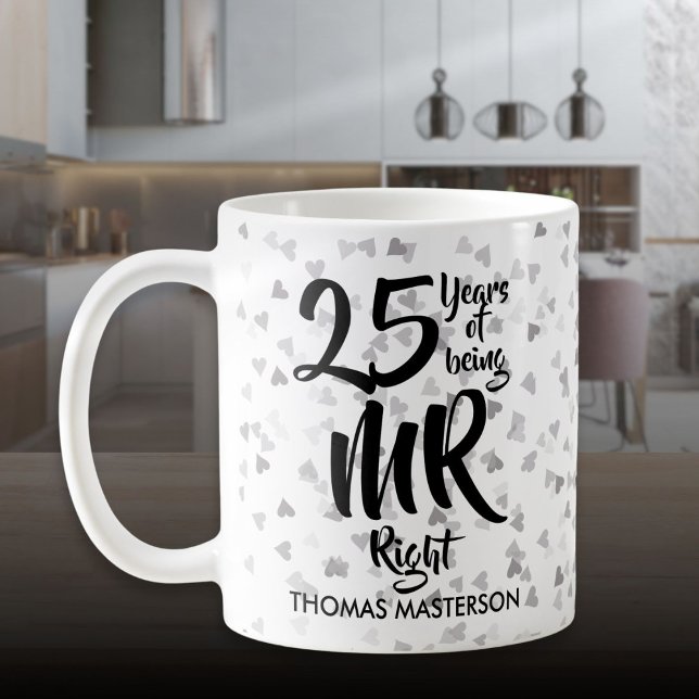 Mr Right 25-årsjubileum Silverhjärtan Konfetti Kaffemugg (Mr Right 25th Anniversary Silver Hearts Confetti Coffee Mug)