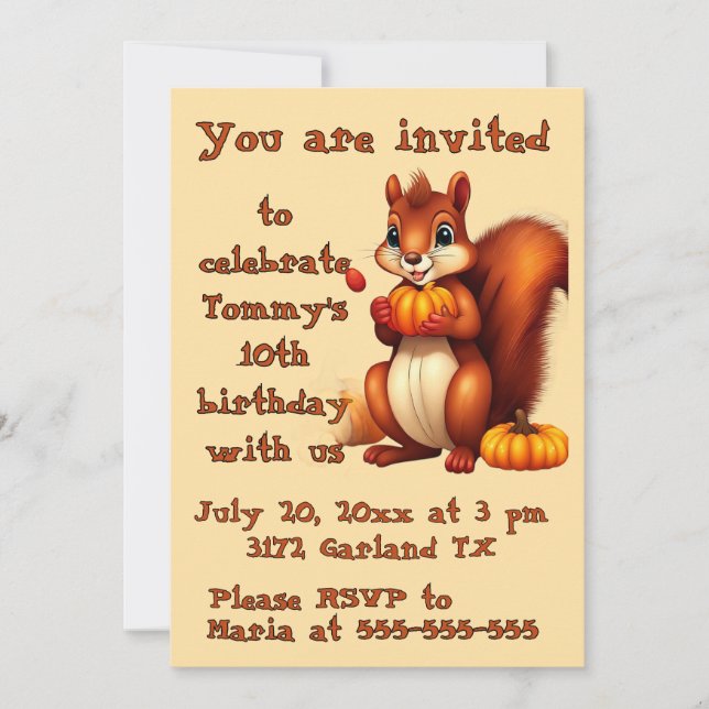 Mr. Squirrel Fall Birthday Party Invitation Inbjudningar (Framsida)