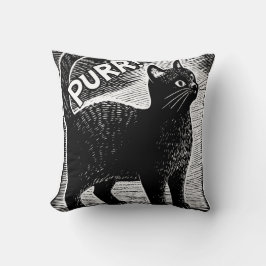 MRAA! Svart katt i vintage träsnittstil Kudde