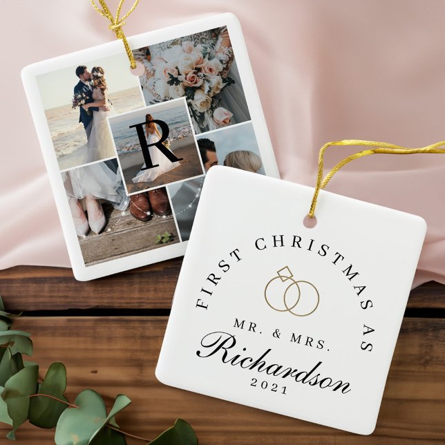 Mrs 5 Photo Collage First jul Monogram Julgransprydnad Keramik (Mr. Mrs. 5 Photo Collage First Christmas Monogram Ceramic Ornament)