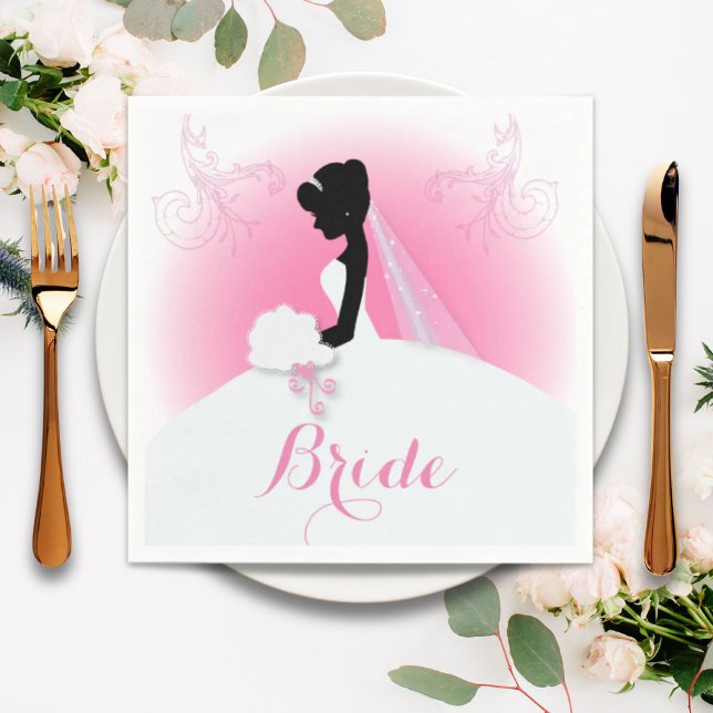 Mrs Höger Rosa bride silhouette Möhippa Pappersservett (Mrs Right Pink bride silhouette Bridal Shower Napkins)