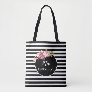 Mrs med Black & White Rand and Flowers Anpassnings Tygkasse