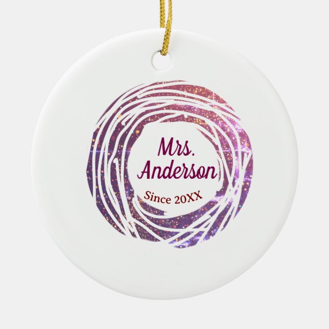 Mrs name pink mauve border since year wedding brid julgransprydnad keramik (Framsidan)