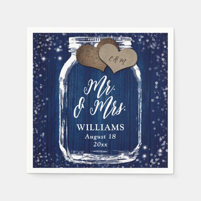 & Mrs Navy Blue Wood Mason Burk Barn Bröllop Pappersservett (Framsidan)