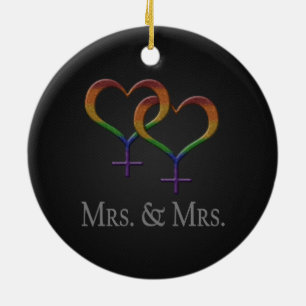Mrs och fru Lesbisk Pridet Rainbow Symbols Julgransprydnad Keramik