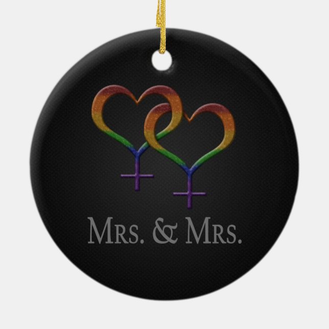 Mrs och fru Lesbisk Pridet Rainbow Symbols Julgransprydnad Keramik (Baksidan)