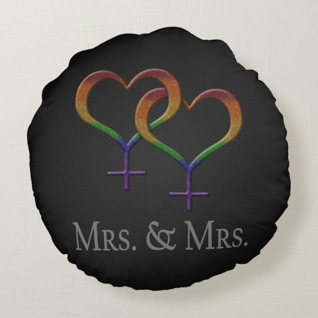 Mrs och fru Lesbisk Pridet Rainbow Symbols Rund Kudde (Baksidan)