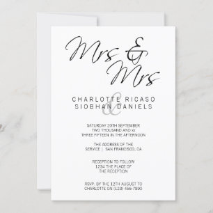 Mrs och Mrs Elegant Text Lesbisk Bröllop Inbjudningar