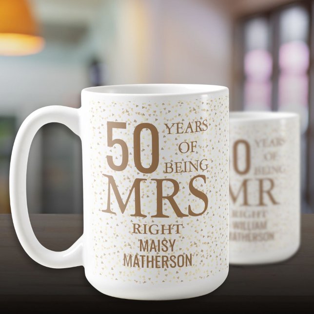 Mrs Right Rolig 50-års bröllopsdag Gula Hjärtan Kaffemugg (Mrs Right Fun 50th Wedding Anniversary Gold Hearts Coffee Mug)