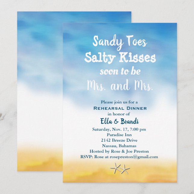 Mrs. & Sandy Toes Rehearsal Dinner himlar & sand Inbjudningar (Fram/baksida)