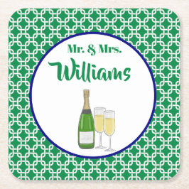& Mrs. Script Bride & Groom Champagne Flutes Underlägg Papper Kvadrat