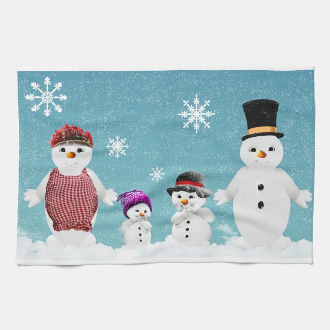 &Mrs Snögubbe och deras familj under jul Kökshandduk (Horisontell)