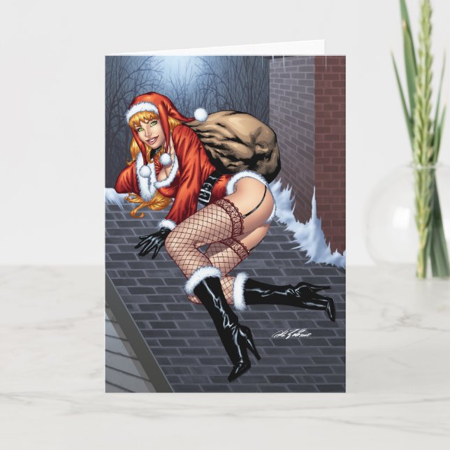 Ms Claus På Rooftop som levererar Santas presenter Helgkort (Framsida)