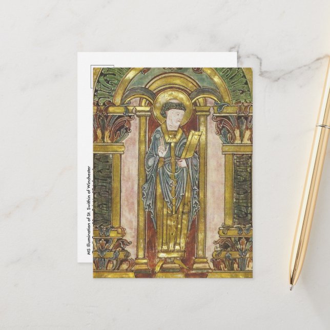 MS Illuminering av S:t Swithin av Winchester (Deta Vykort (Fram/Back In Situ)