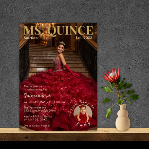Ms. Quince röd och guld Quinceañera Inbjudningar