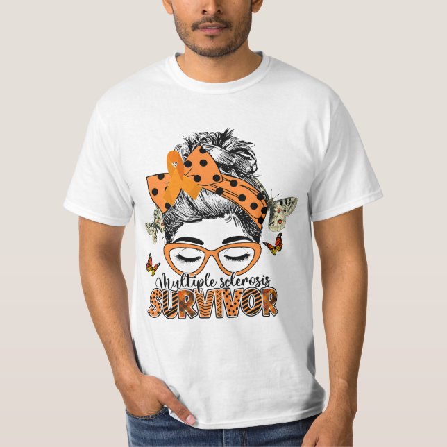 MS Survivor Messy Bun Multiple Sclerosis Awareness T Shirt (Framsida)