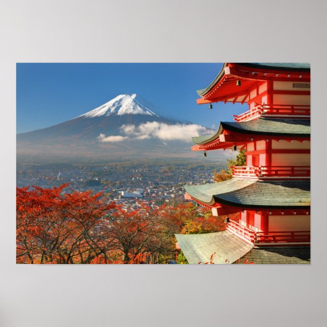 Mt Fuji betraktad bakom Chureito Pagoda Poster (Framsidan)