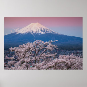 Mt Fuji- och Cherry-Blommar Poster