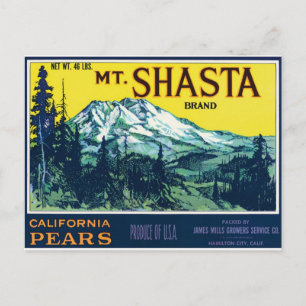 Mt. Mount Shasta California CA Pears Vintage Label Vykort