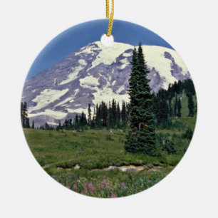Mt. Rainer, Washington röda blommor Julgransprydnad Keramik