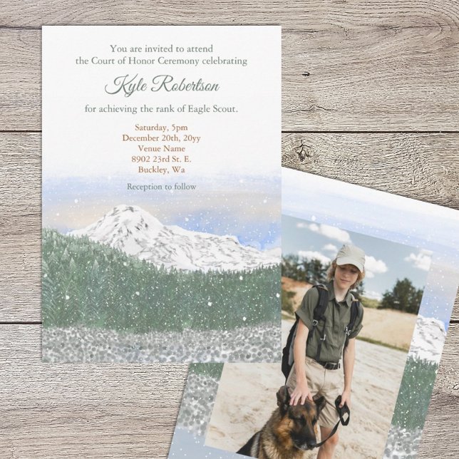 Mt. Rainier, Eagle Scout, Hedersdomstolsceremoni Inbjudningar (Eagle scout court of honor invitation with mountains, trees and snow landscape, photo on back)