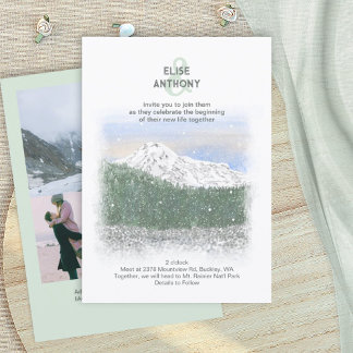 Mt. Rainier, fallande snö, vintergrön bröllopsfest Inbjudningar