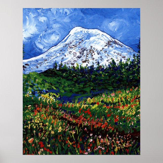 Mt Rainier med Flowers Poster (Framsidan)