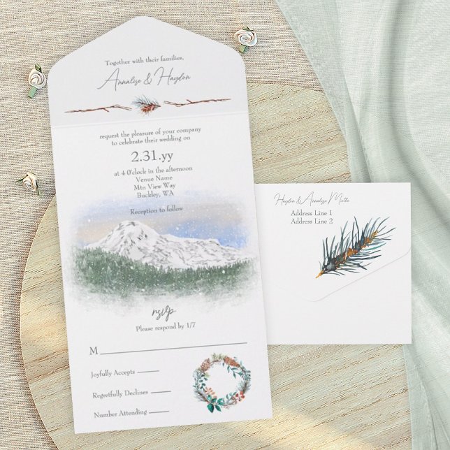 Mt. Rainier, Snö, Tallkottar, Tallbarr (Mt. Rainier, snow mountain wedding invitation card, pine trees, pacific northwest, winter wedding)