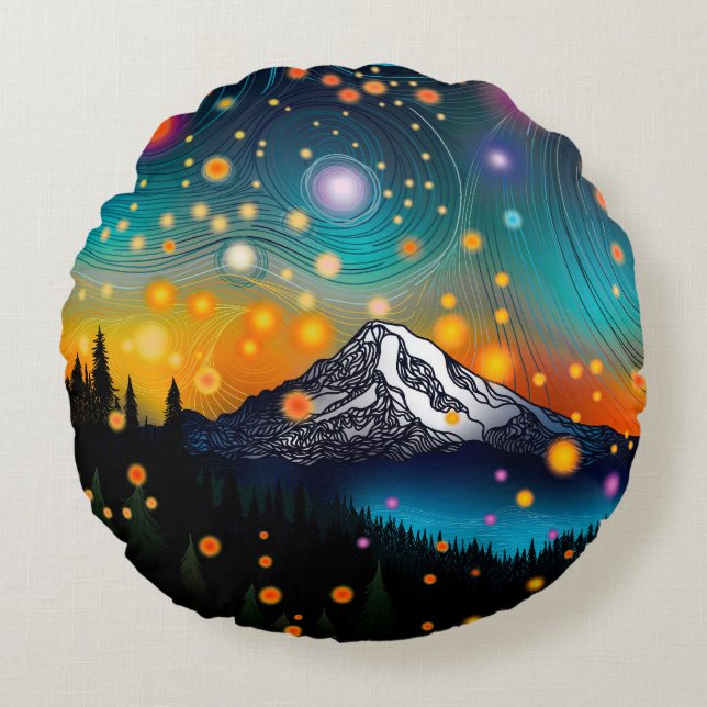 Mt. Rainier Starry Himlar Rund Kudde (Framsidan)