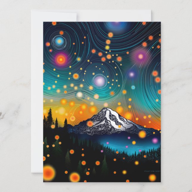 Mt. Rainier w Evening Starry Himlar och Wildblommo Julkort (Framsida)